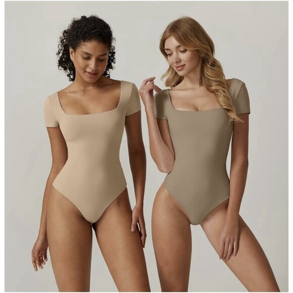 NWT QINSEN Women's Square Neck Short Sleeve Double-Layer Bodysuit Fashion - Picture 1 of 6